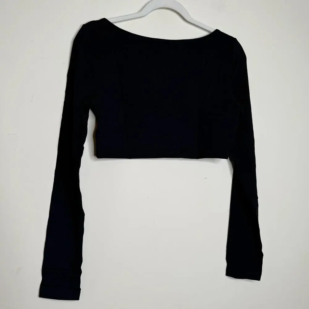 Susana Monaco Micro Square Neck Long Sleeve Crop Top in Black NWT Size Medium